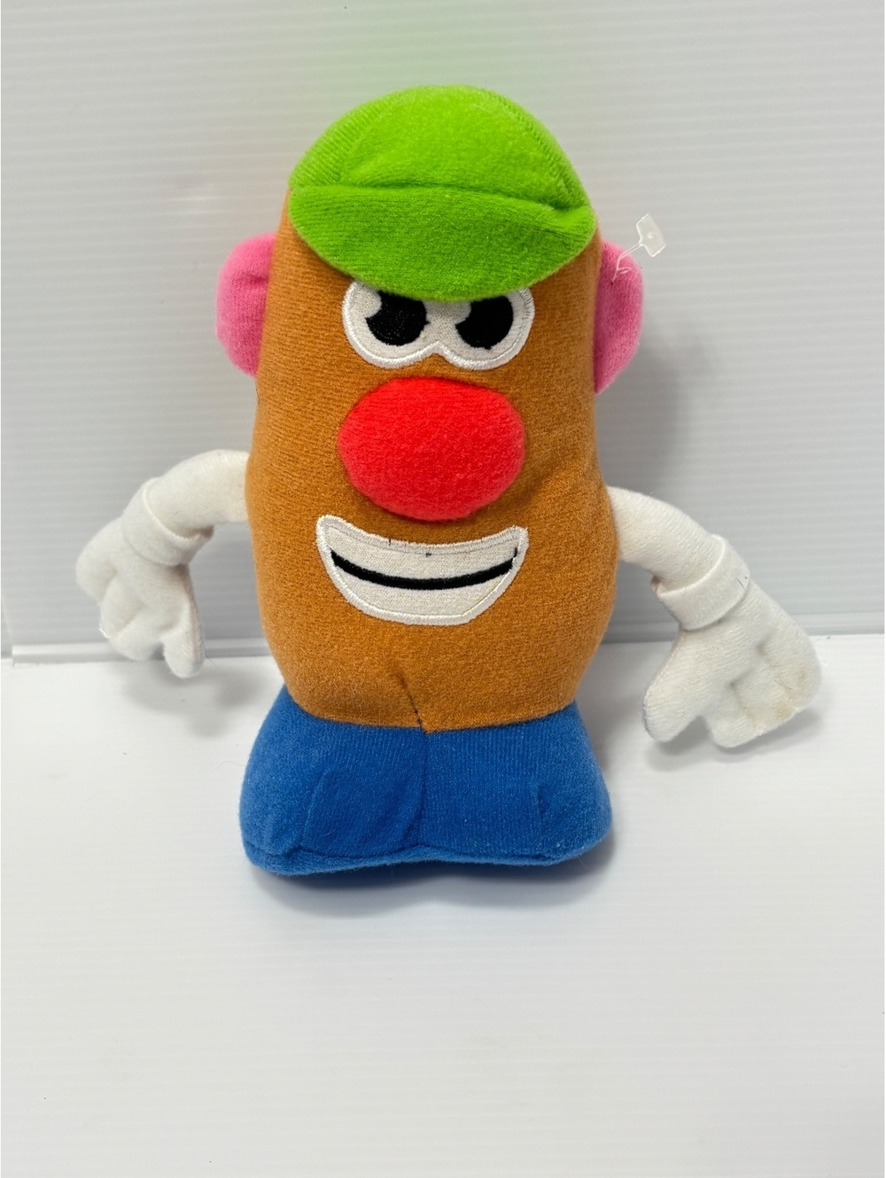 Vintage Mr. Potato Head Plush Toy with Green Hat and Blue Shoes, Approximately 9